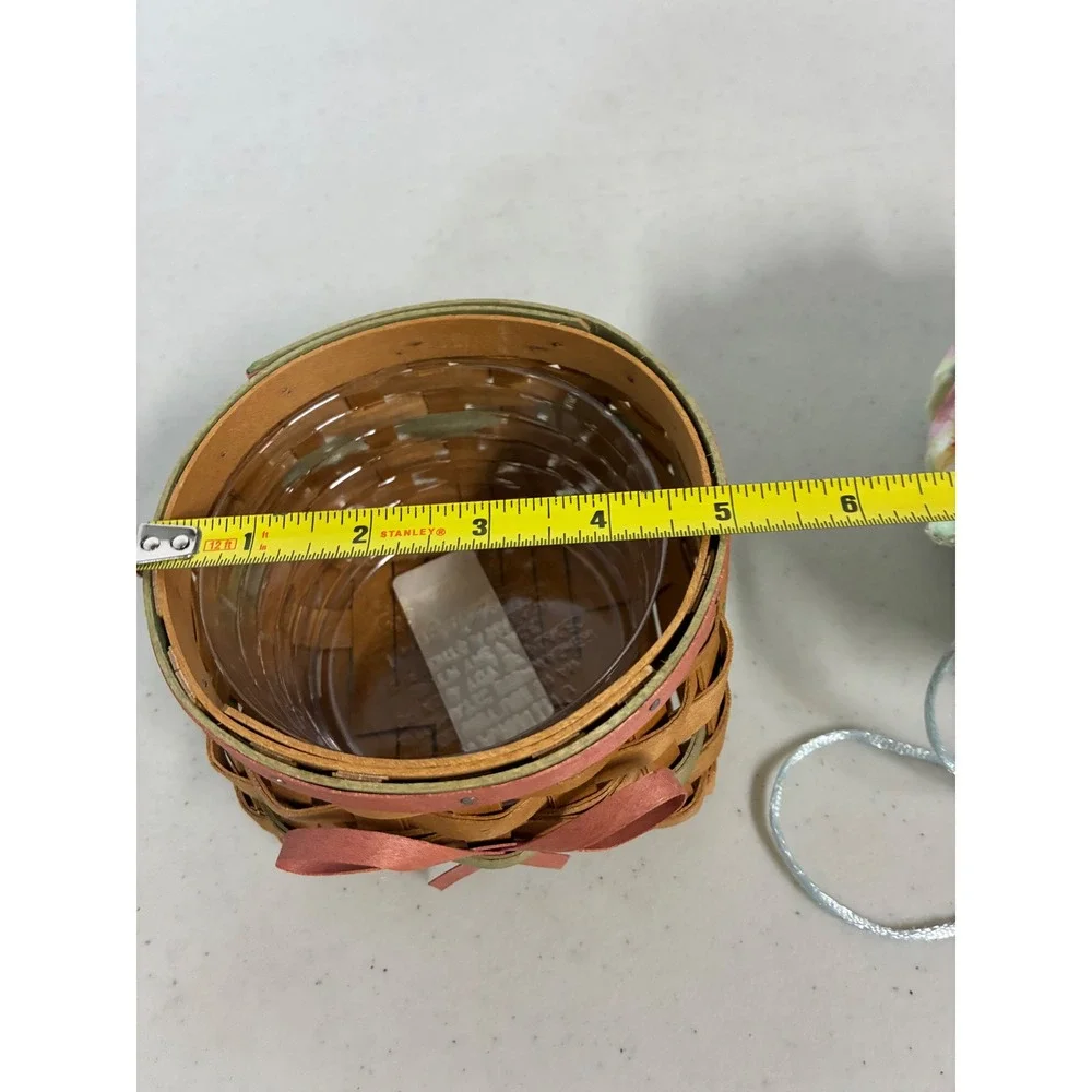 Longaberger Small Round Woven Basket Wood‎ Lid Pink Enamel Flower Knob & Liner